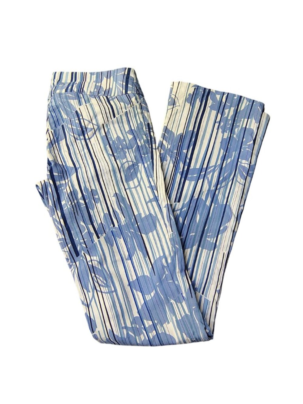 Necessary Objects Blue White Floral Stripe Pull On Pants Bootcut XS USA 26x32 - Picture 2 of 13
